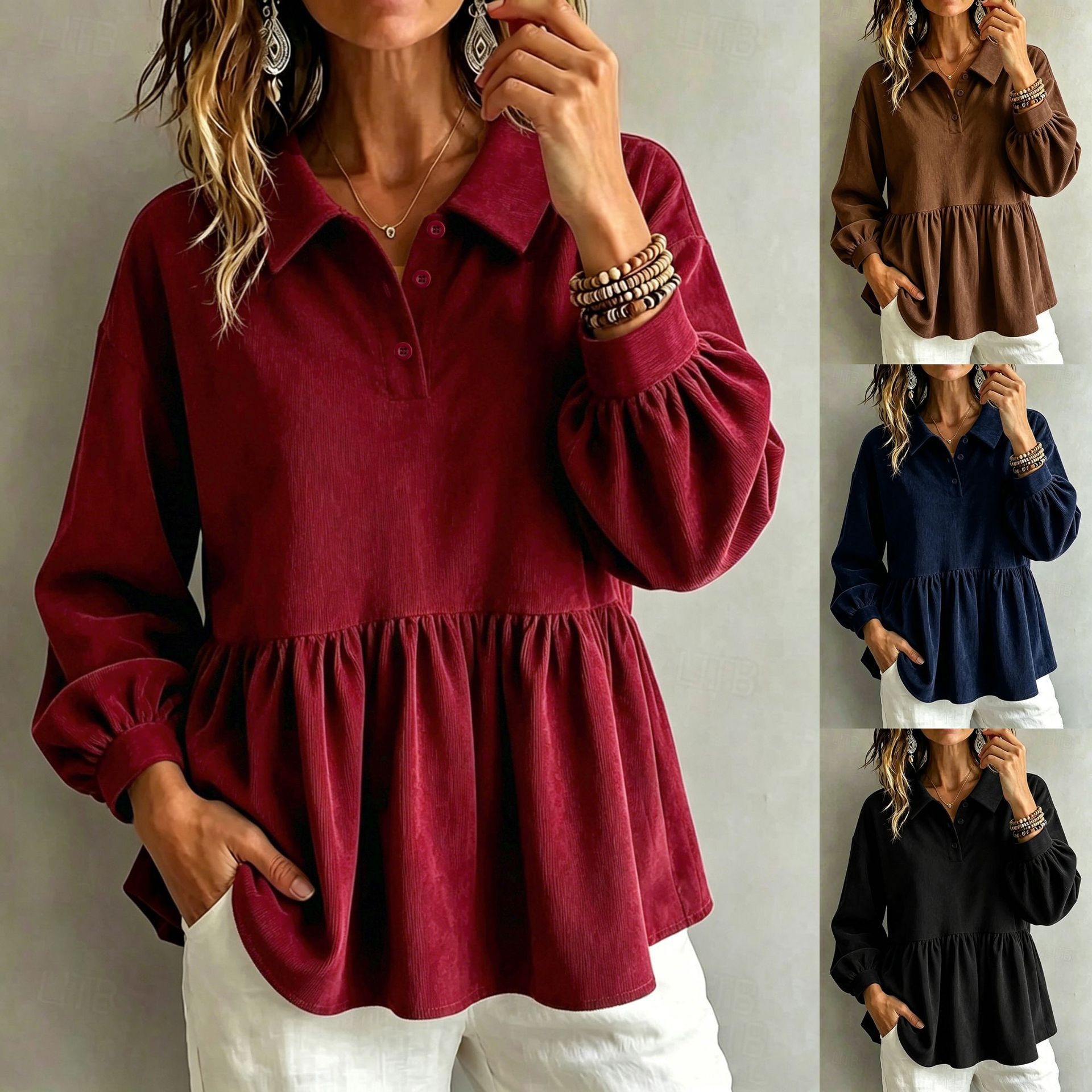 CLEARANCE SALE🔥Vintage Corduroy Ruffle Top – Pleated Long Sleeve Polo Shirt