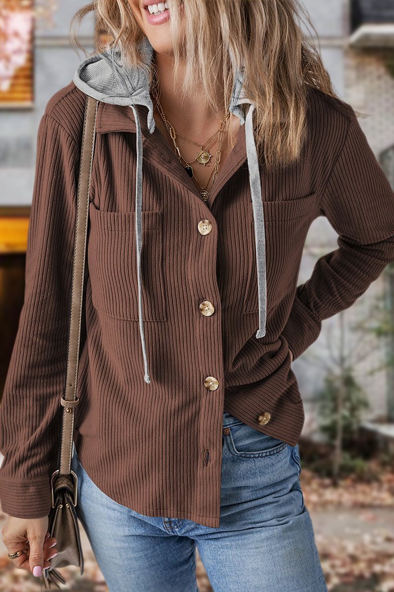 Lapel Button Cardigan Pocket Hood Drawstring Striped Jacket