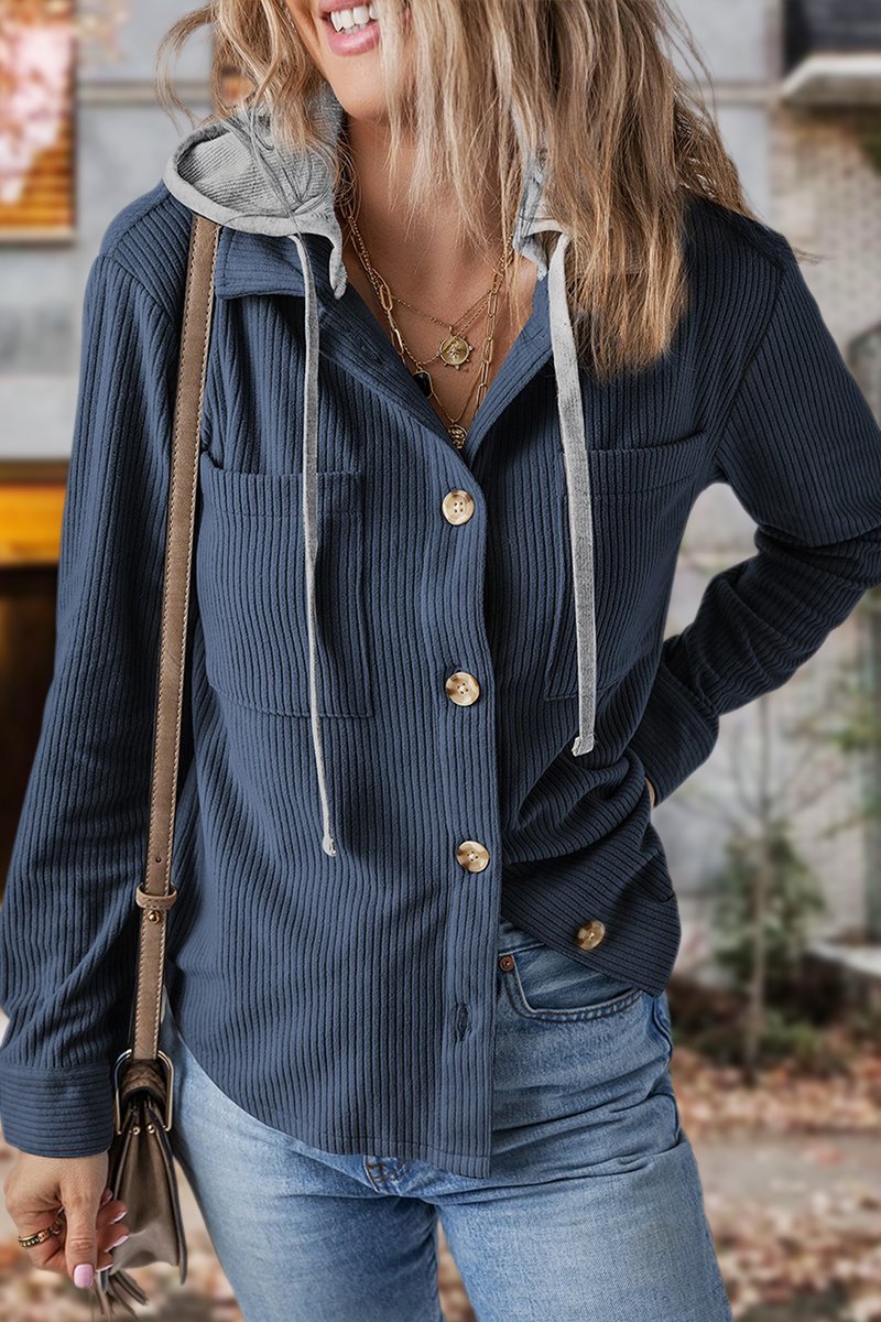 Lapel Button Cardigan Pocket Hood Drawstring Striped Jacket