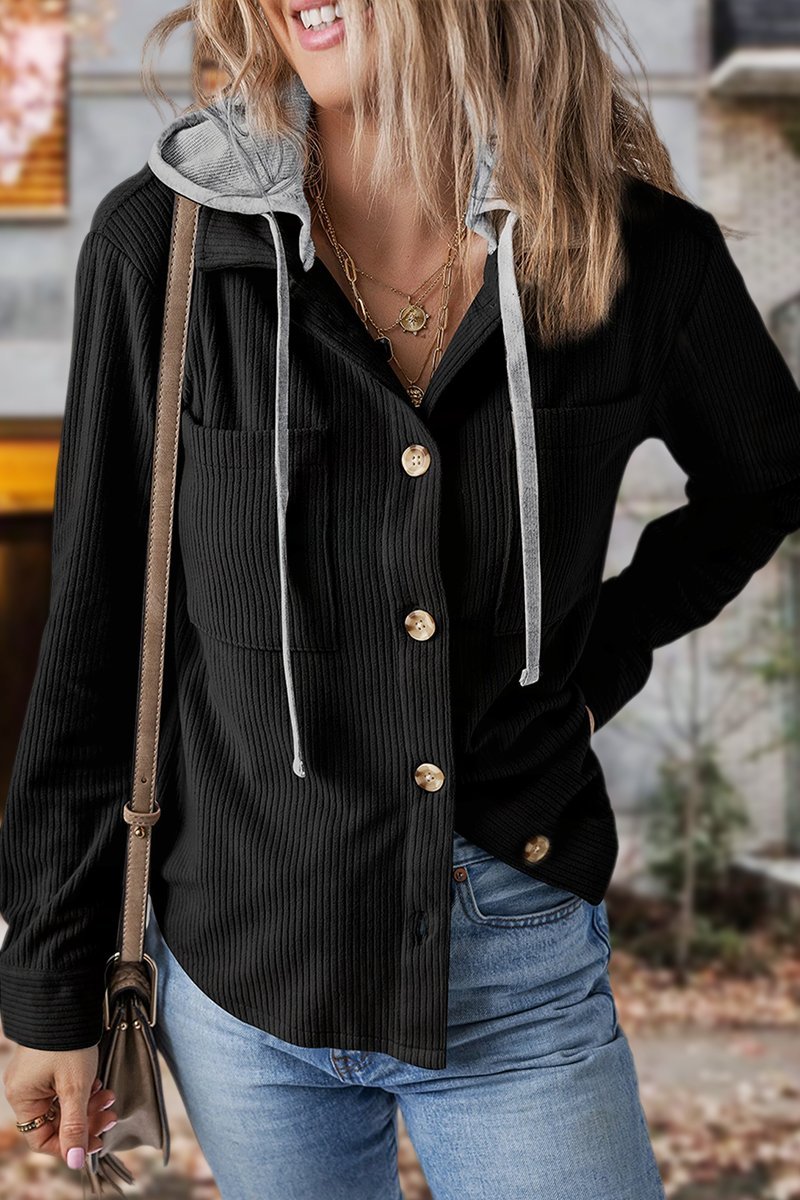 Lapel Button Cardigan Pocket Hood Drawstring Striped Jacket