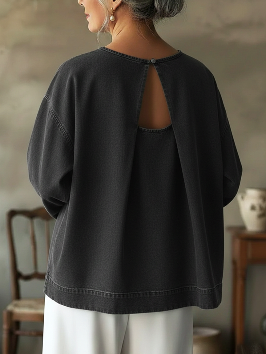 Elegant Open-back Design Denim Cotton Top