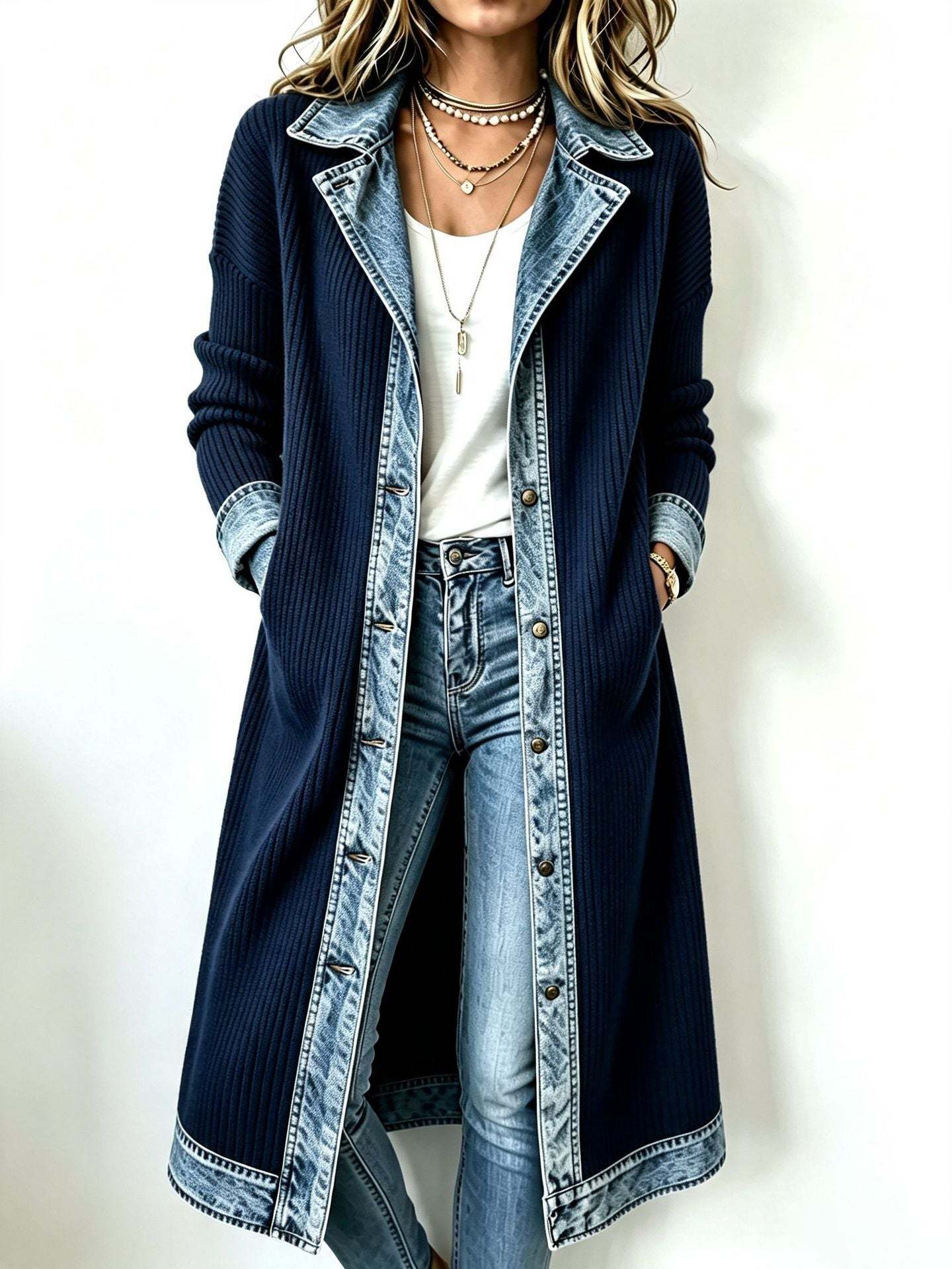 Special Offer: 50% Off - Casual Long-line Knit Cardigan With Denim And Ribbed Paneling