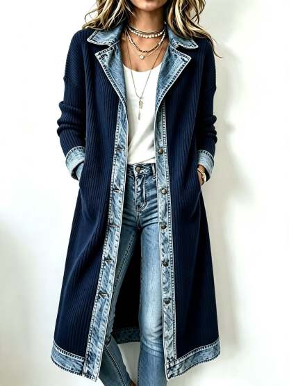 Special Offer: 50% Off - Casual Long-line Knit Cardigan With Denim And Ribbed Paneling