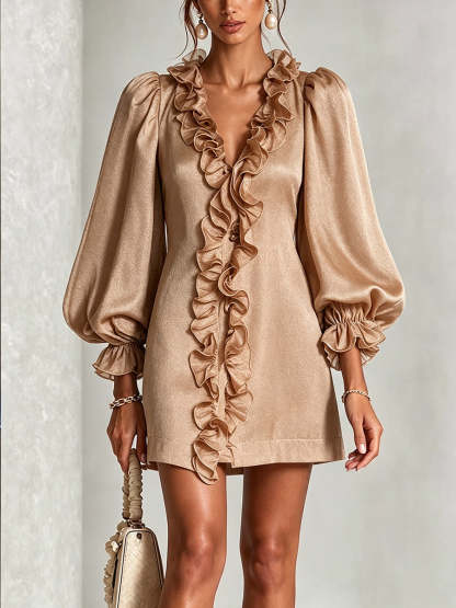 Glamorous Shimmering Organza Ruffled V-neck Mini Dress