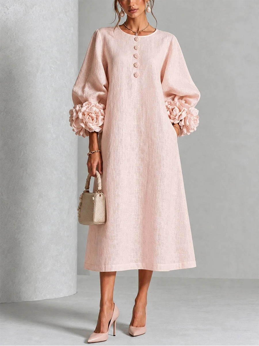 CLEARANCE SALE🔥Elegant Blush Pink 3D Rosette Midi Dress