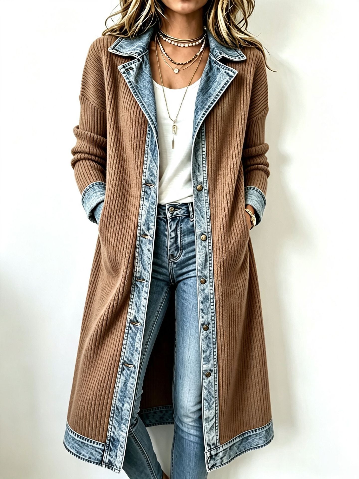 Special Offer: 50% Off - Casual Long-line Knit Cardigan With Denim And Ribbed Paneling