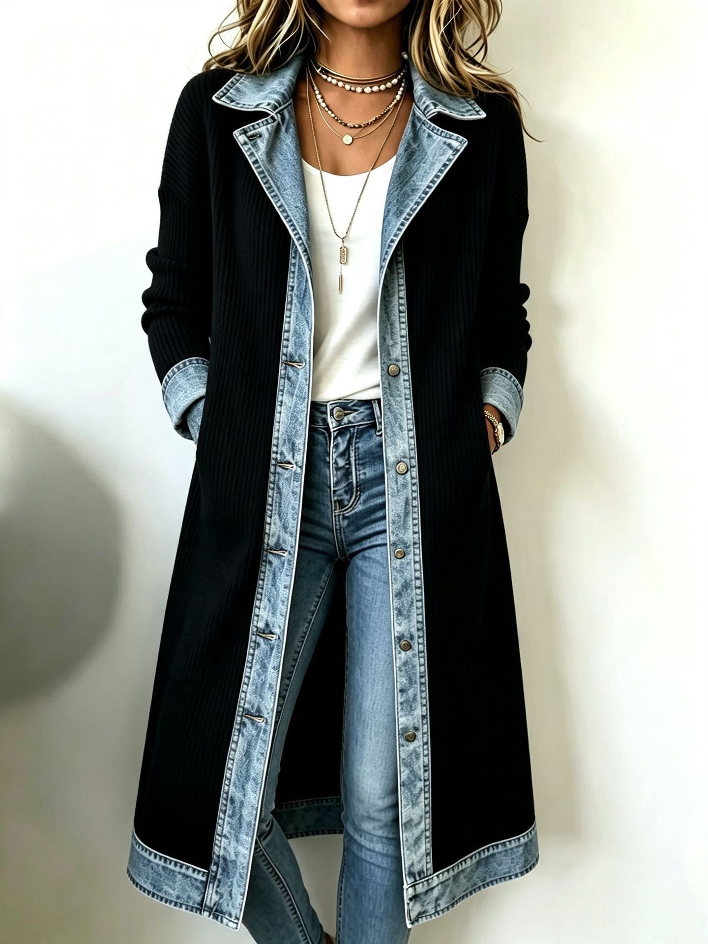 Special Offer: 50% Off - Casual Long-line Knit Cardigan With Denim And Ribbed Paneling