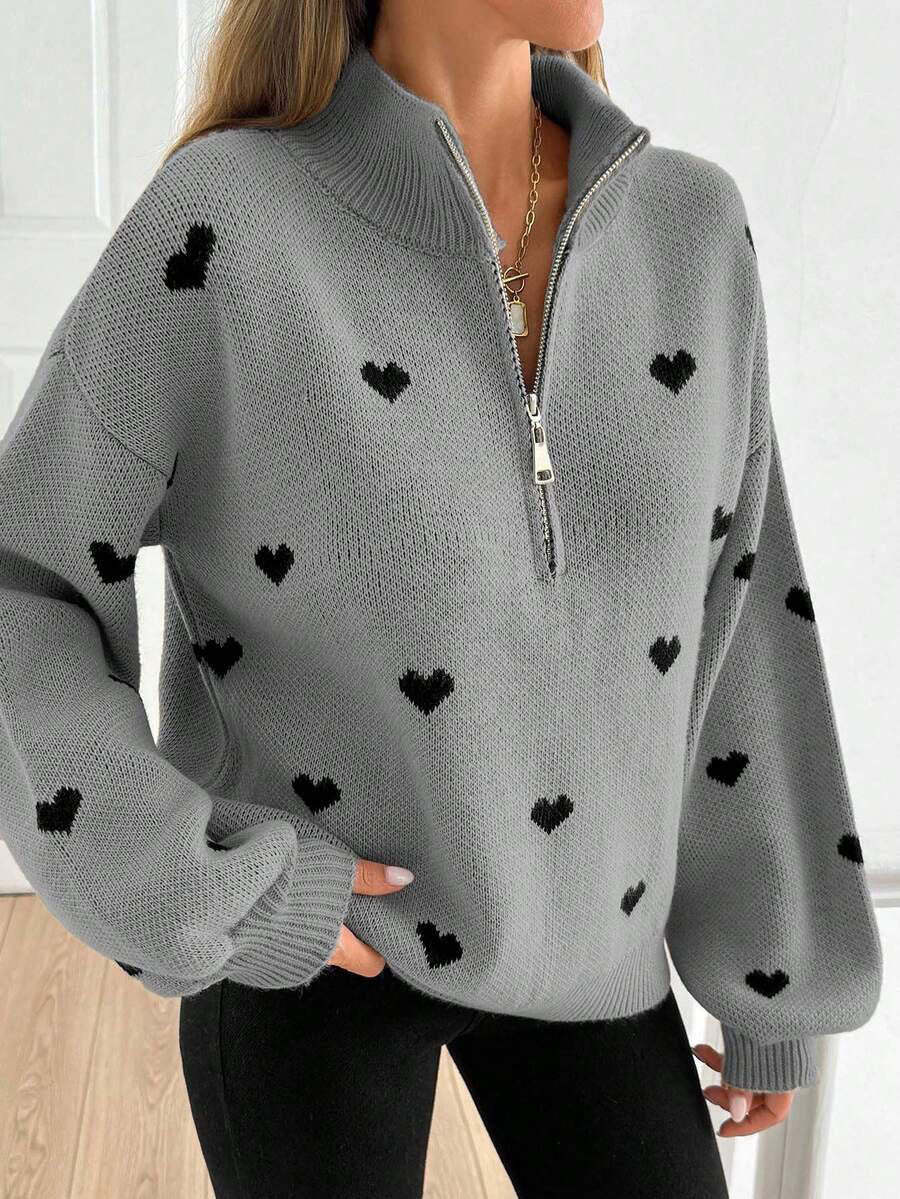 Cozy Half-zip Knit Pullover With Heart Pattern