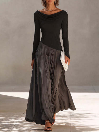 Women's Long-sleeved Casual Loose-fitting Color-blocked Dress With A Ruffled Neckline