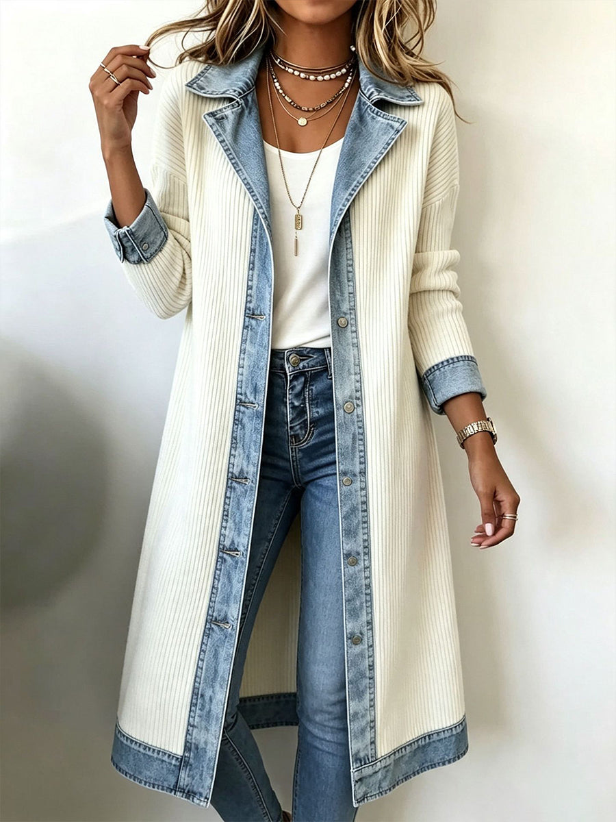 Special Offer: 50% Off - Casual Long-line Knit Cardigan With Denim And Ribbed Paneling