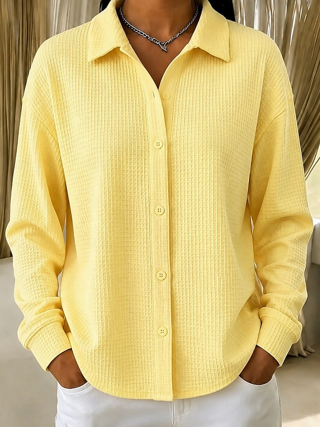 Women's Shirt Waffle Polo Shirts Texture Vintage Stylish Casual Long Sleeve Regular Tops 