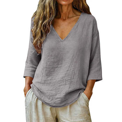 Women's Relaxed V-Neck Linen Blouse with Three-Quarter Sleeves and Curved Hem