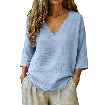 Women's Relaxed V-Neck Linen Blouse with Three-Quarter Sleeves and Curved Hem