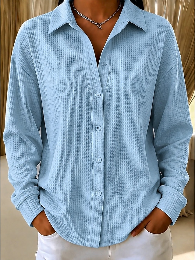 Women's Shirt Waffle Polo Shirts Texture Vintage Stylish Casual Long Sleeve Regular Tops 