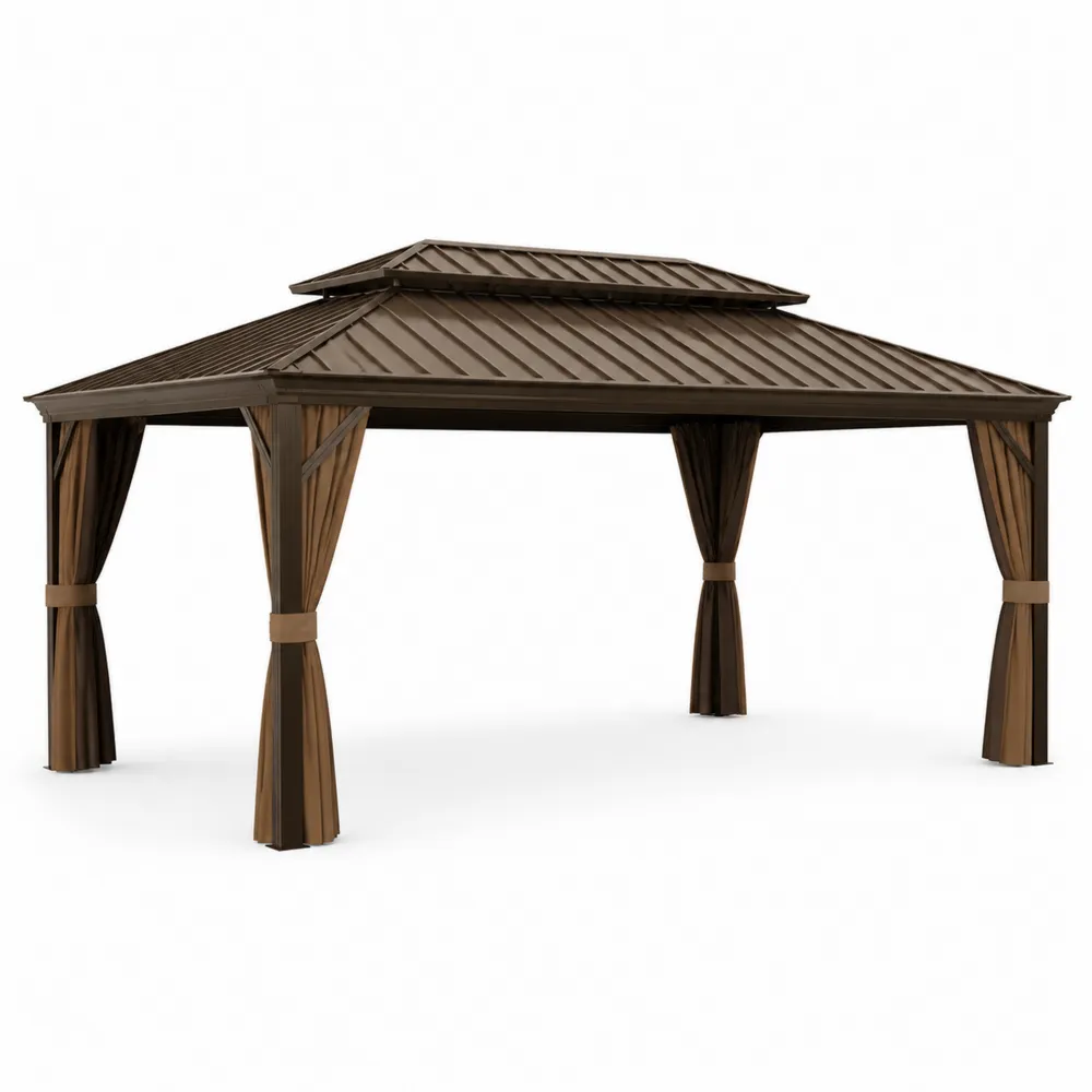 Gazebo in Acciaio con Tetto Doppio e Tende 400x300 cm Marrone