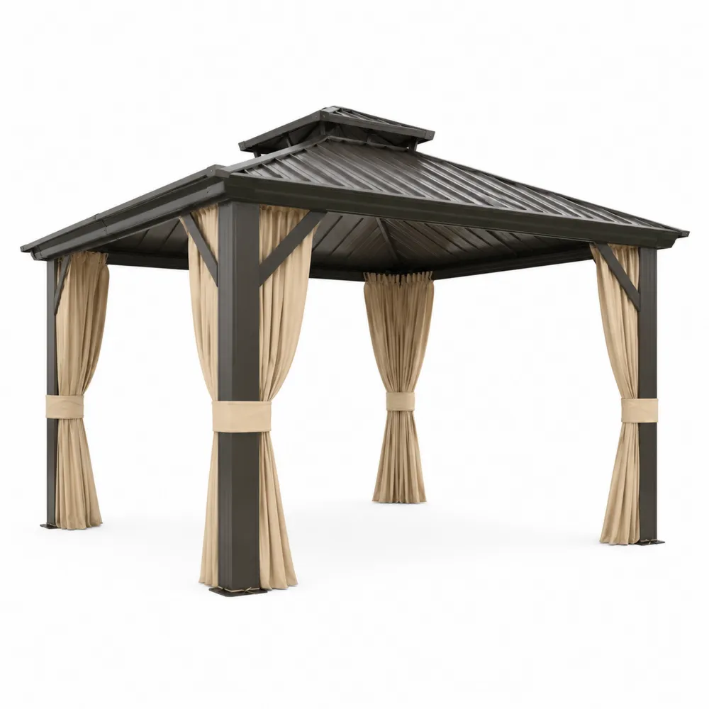 Gazebo da Giardino in Metallo con Tendaggi in Poliestere Beige