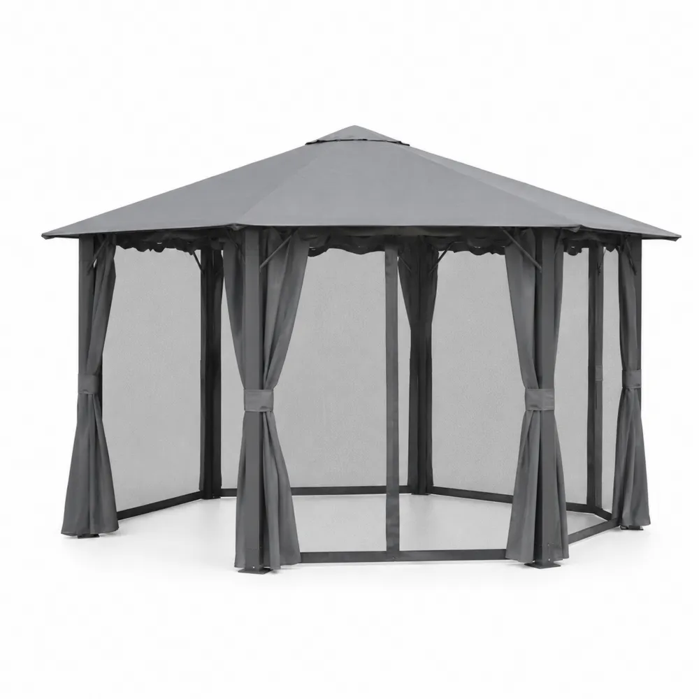 Gazebo Esagonale da Esterno in Acciaio e Poliestere Grigio