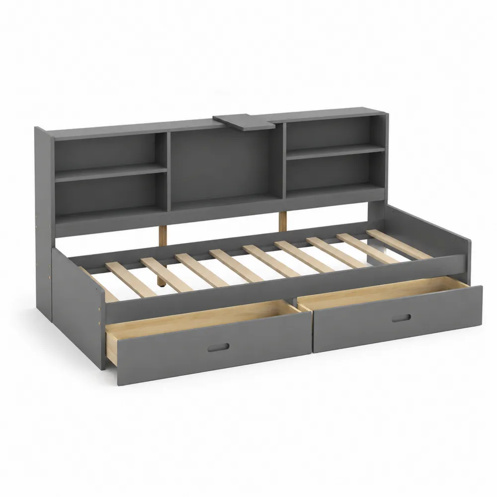 Letto Singolo in Legno con Scaffalature e Cassetti Grigi