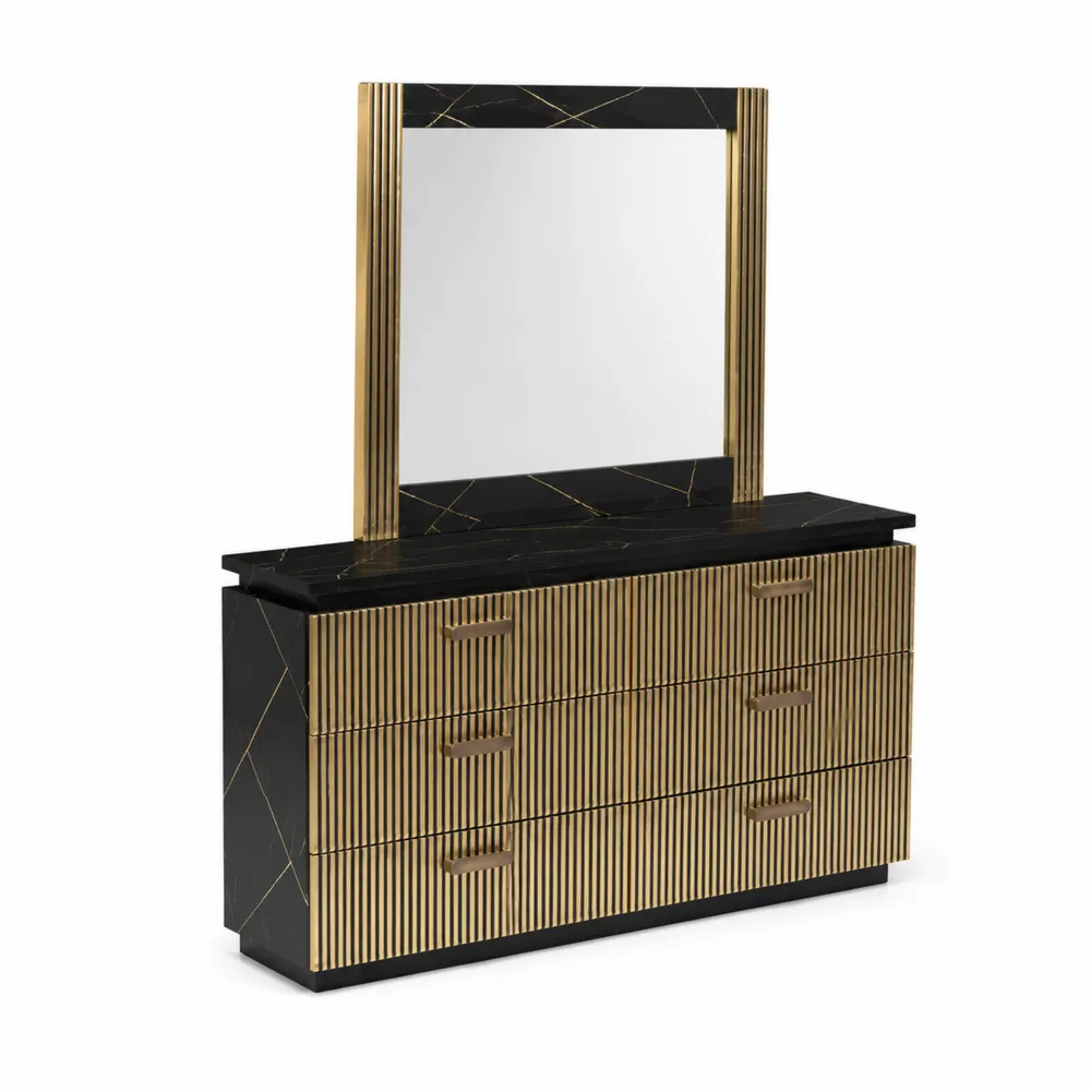 Specchiera con Cassetti in Legno e Metallo Nero e Oro 120x40x160 cm