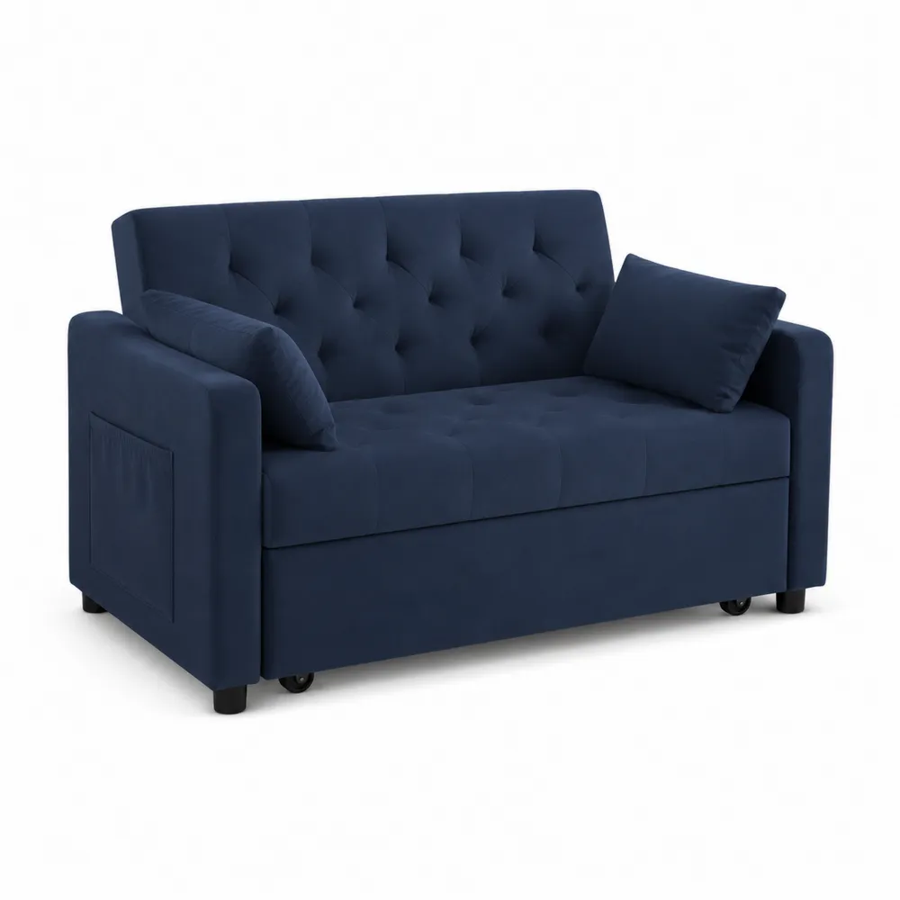 Divano Loveseat in Velluto Blu con Cuscini