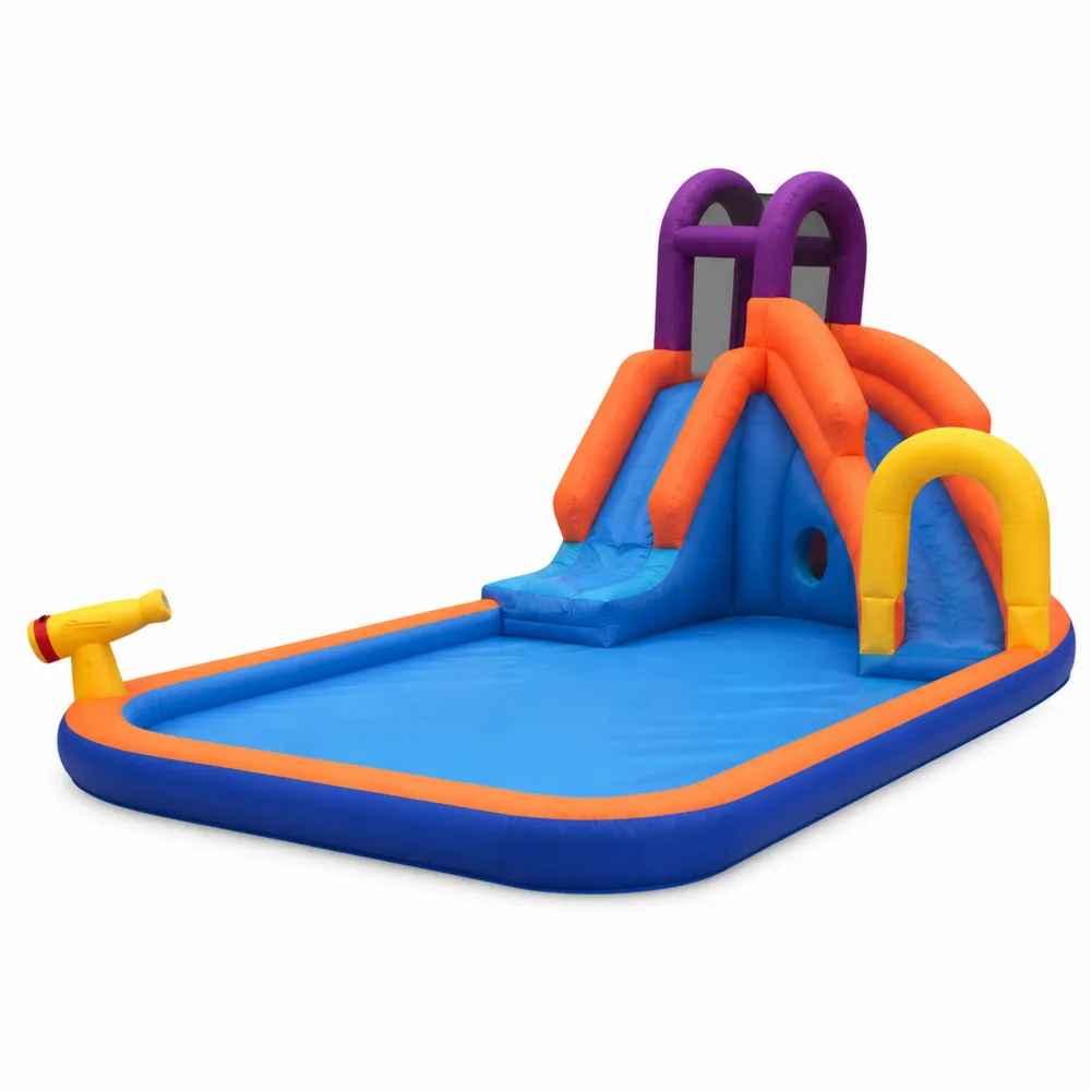 Scivolo Gonfiabile Acquatico con Piscina e Cannone d'Acqua Blu/Arancione/Giallo/Viola