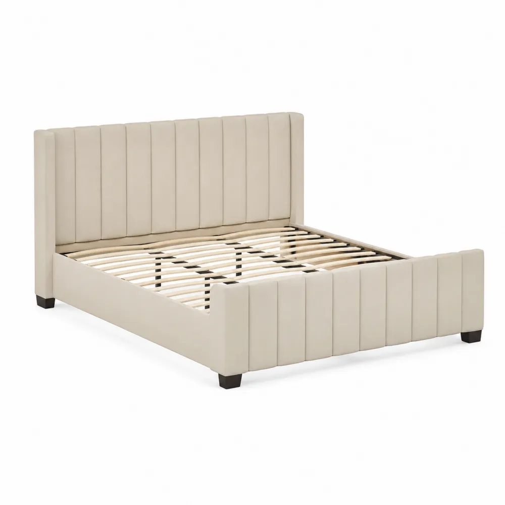 Letto matrimoniale beige con testiera a pannelli, 200x160 cm, pelle sintetica