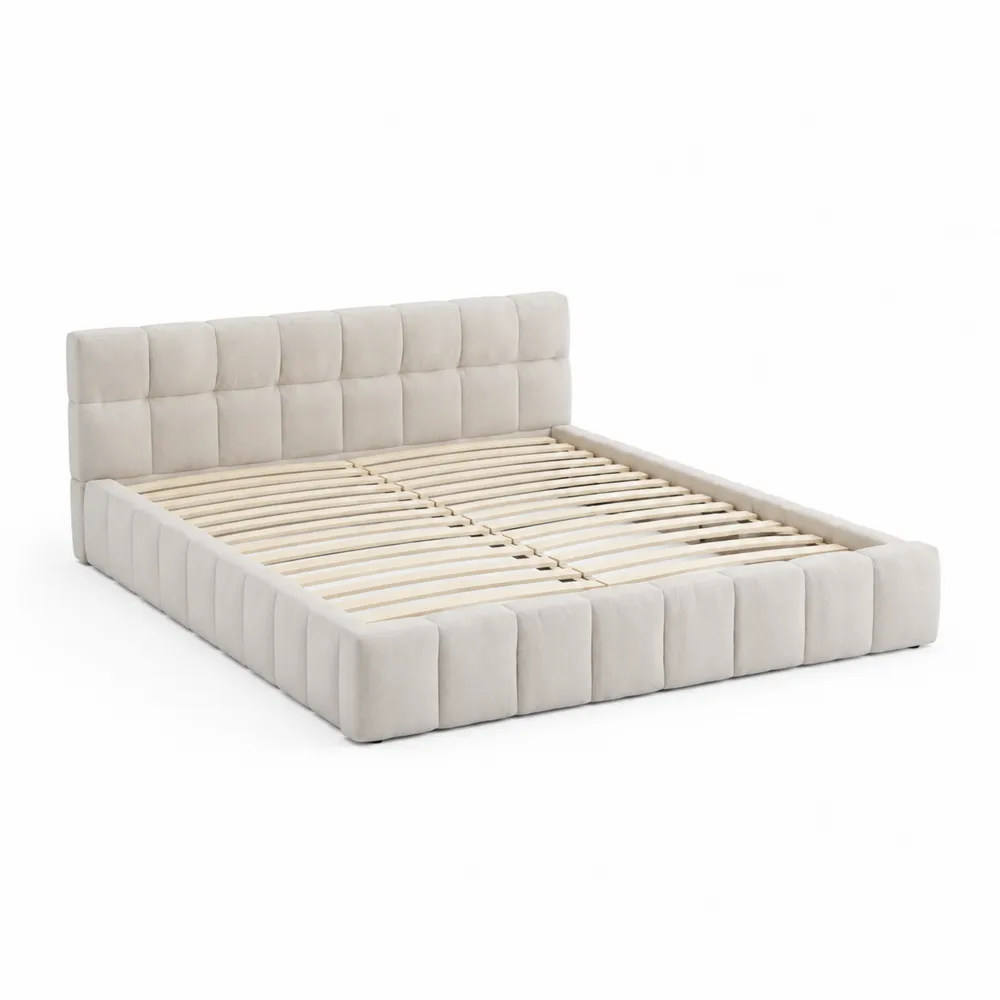 Letto matrimoniale in velluto beige con doghe in legno di betulla 200x160 cm