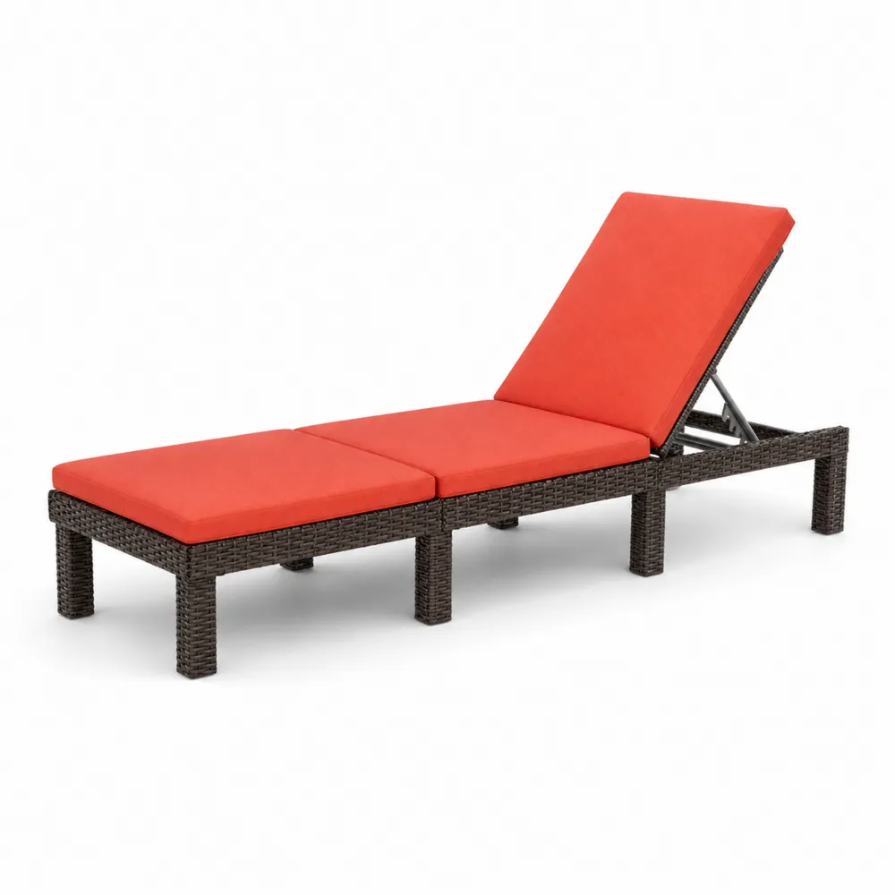 Lettino in Rattan con Cuscino Rosso Regolabile