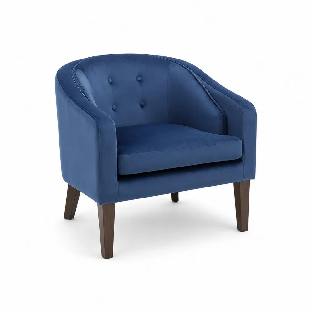 Poltrona in velluto blu con gambe in legno