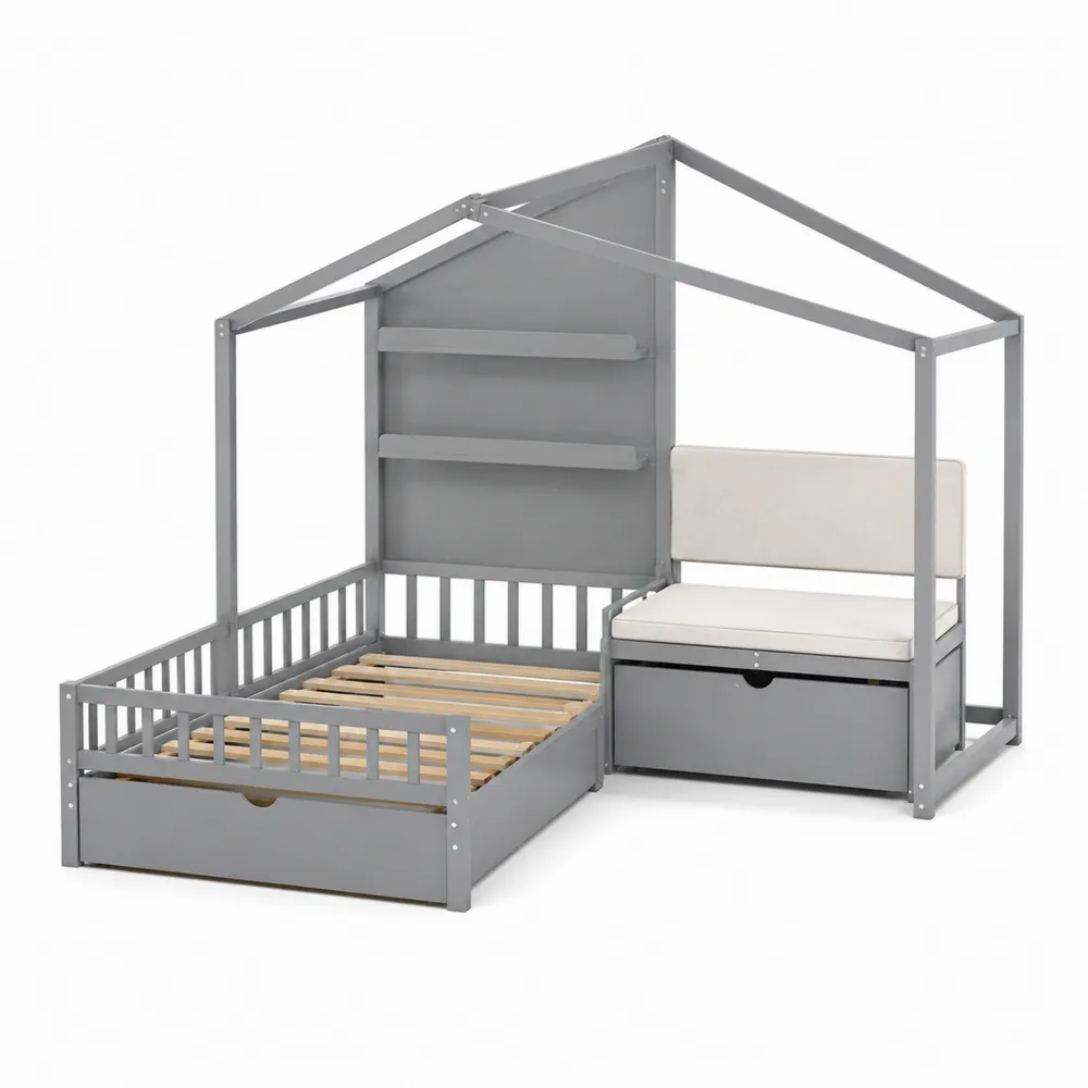 Letto a Casetta con Panca e Cassetto in Legno Massello Grigio