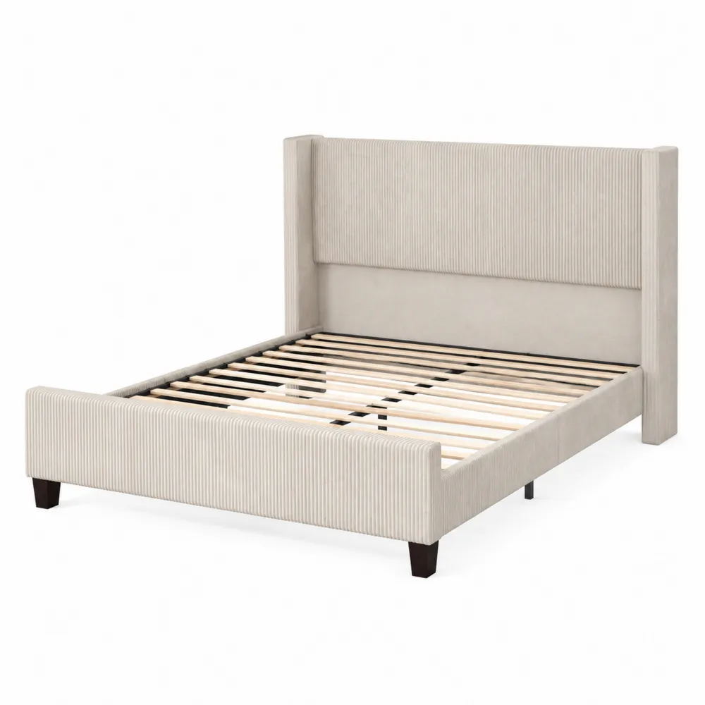 Letto matrimoniale in legno con rivestimento in tessuto beige a coste, 200x160 cm