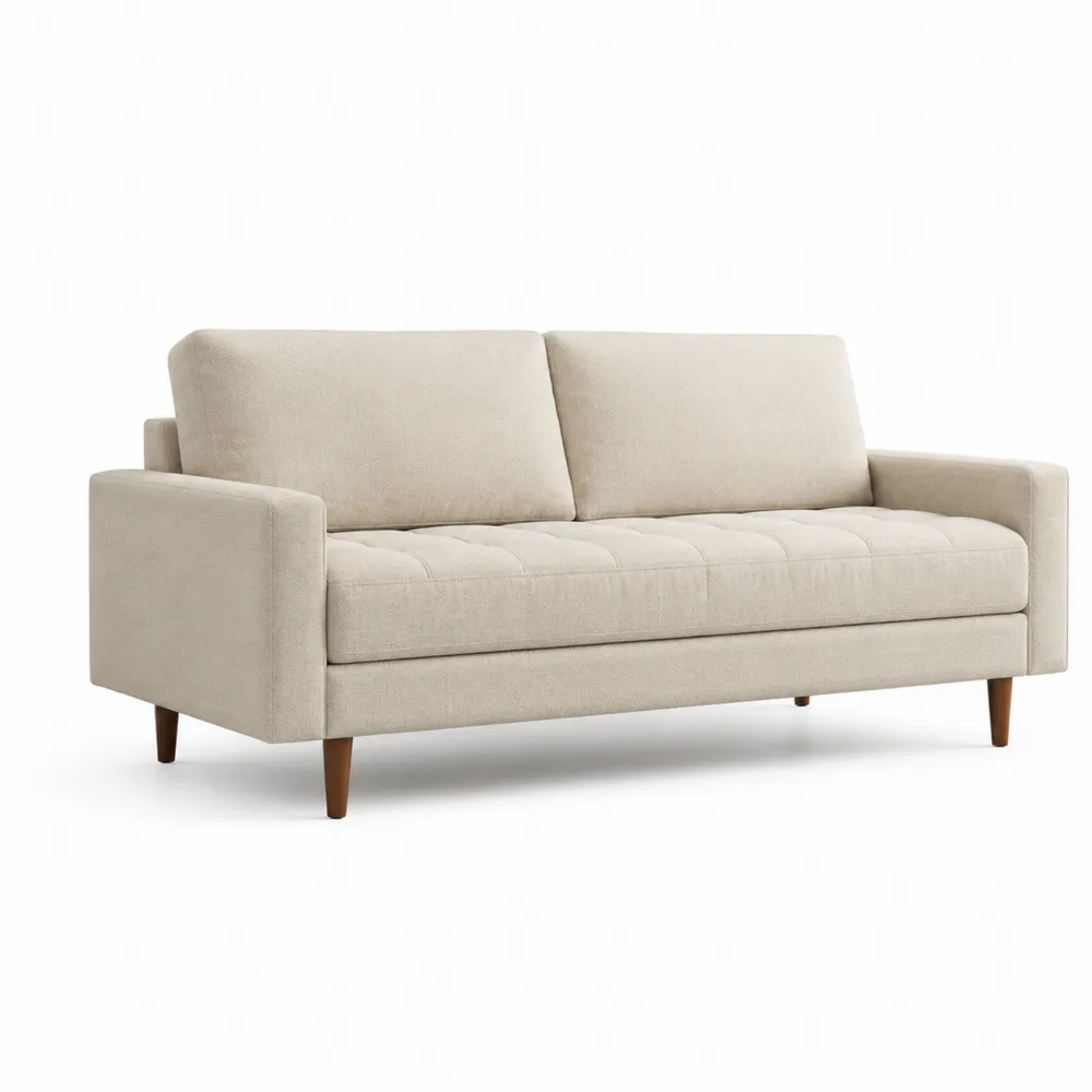 Divano 2 posti in tessuto beige con gambe in legno