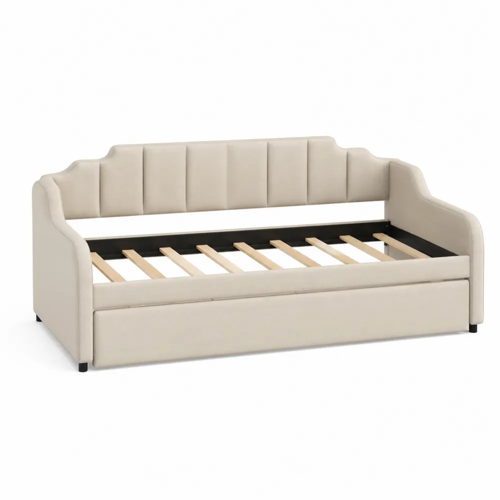 Divano Letto in Tessuto Beige con Schienale Sagomato
