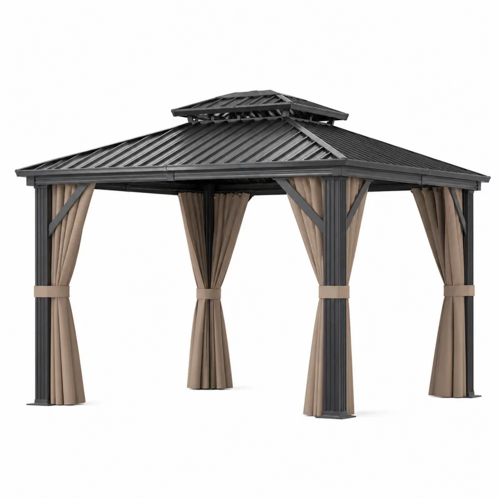 Gazebo in Alluminio con Tetto in Acciaio e Tende in Poliestere 3x3 m