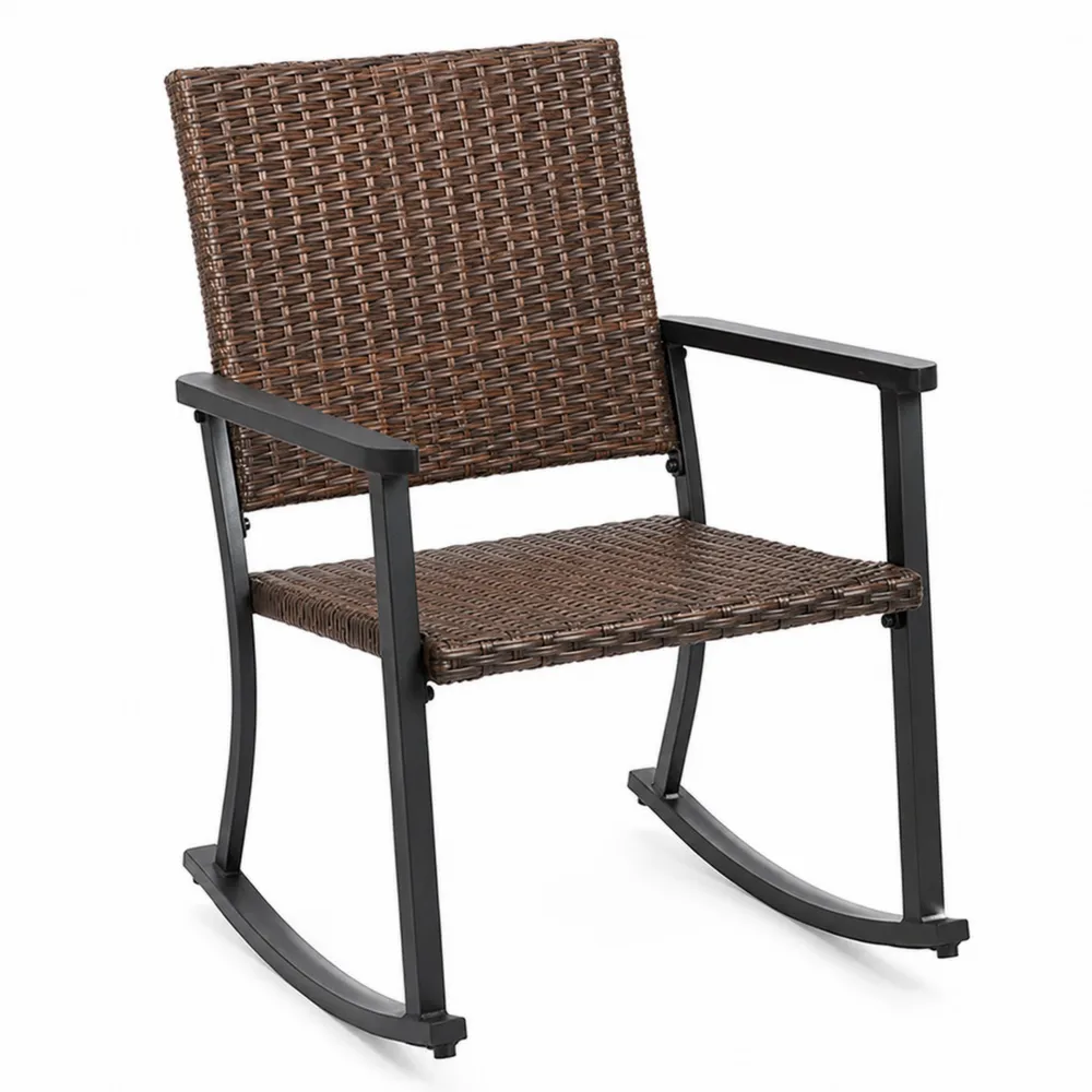 Sedia a dondolo in rattan sintetico con struttura in metallo marrone