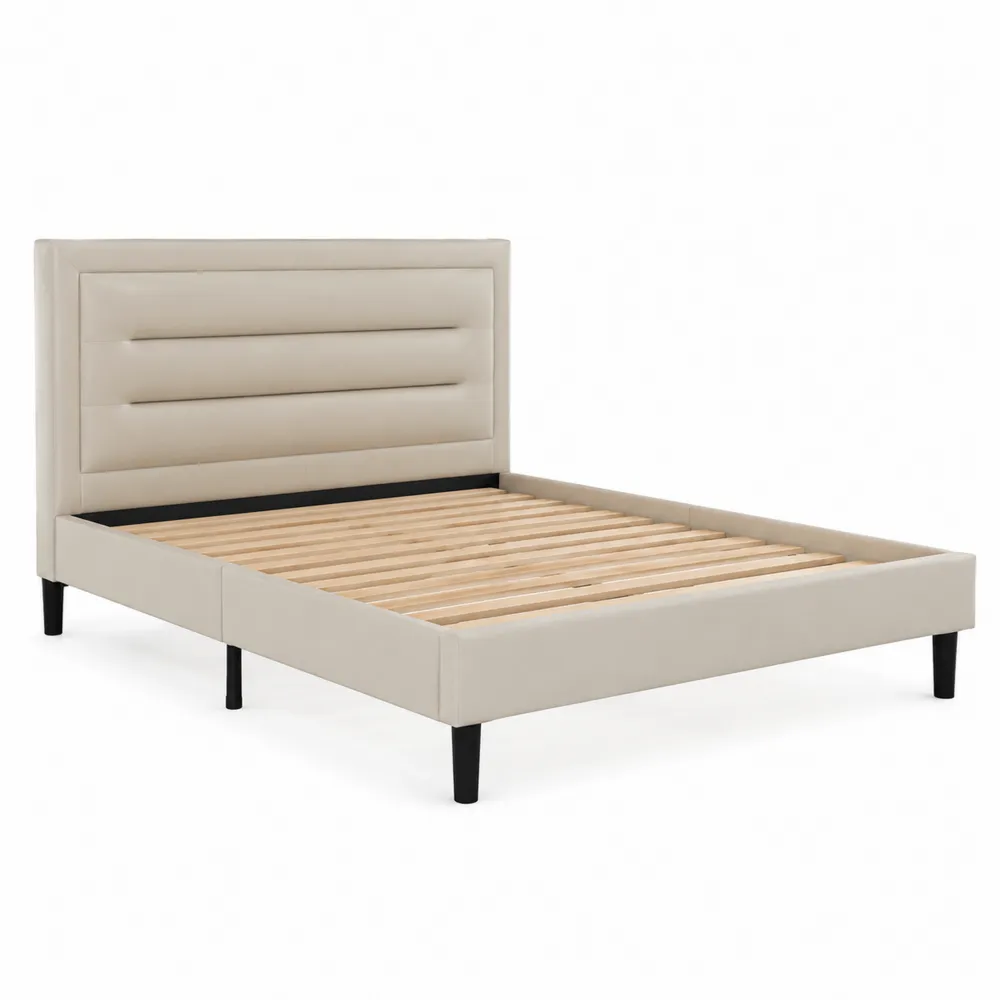 Letto matrimoniale in pelle sintetica beige con testiera imbottita