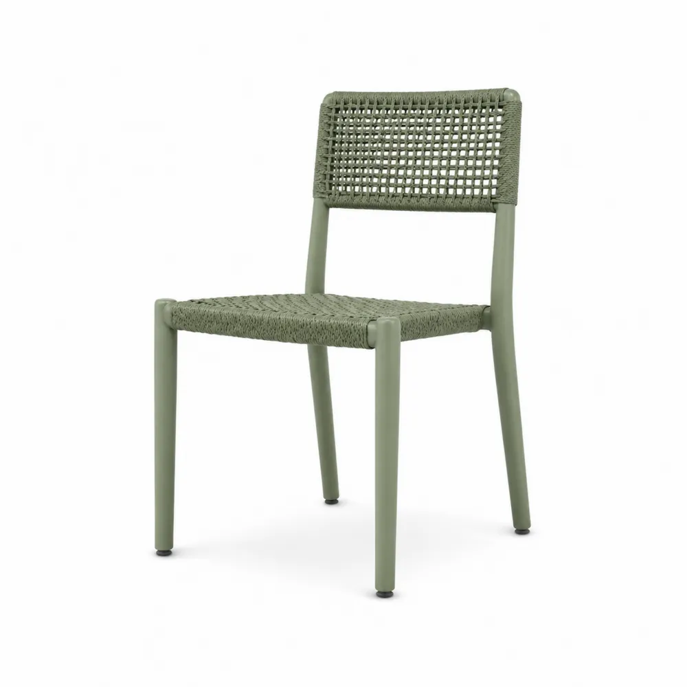 Sedia da pranzo in metallo e corda intrecciata verde