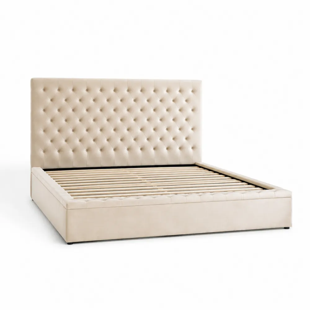 Letto matrimoniale in pelle sintetica crema con testiera capitonné 200x160 cm