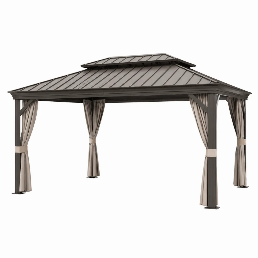 Gazebo in alluminio con tetto in acciaio e tende in poliestere 400x300 cm Grigio scuro/Grigio