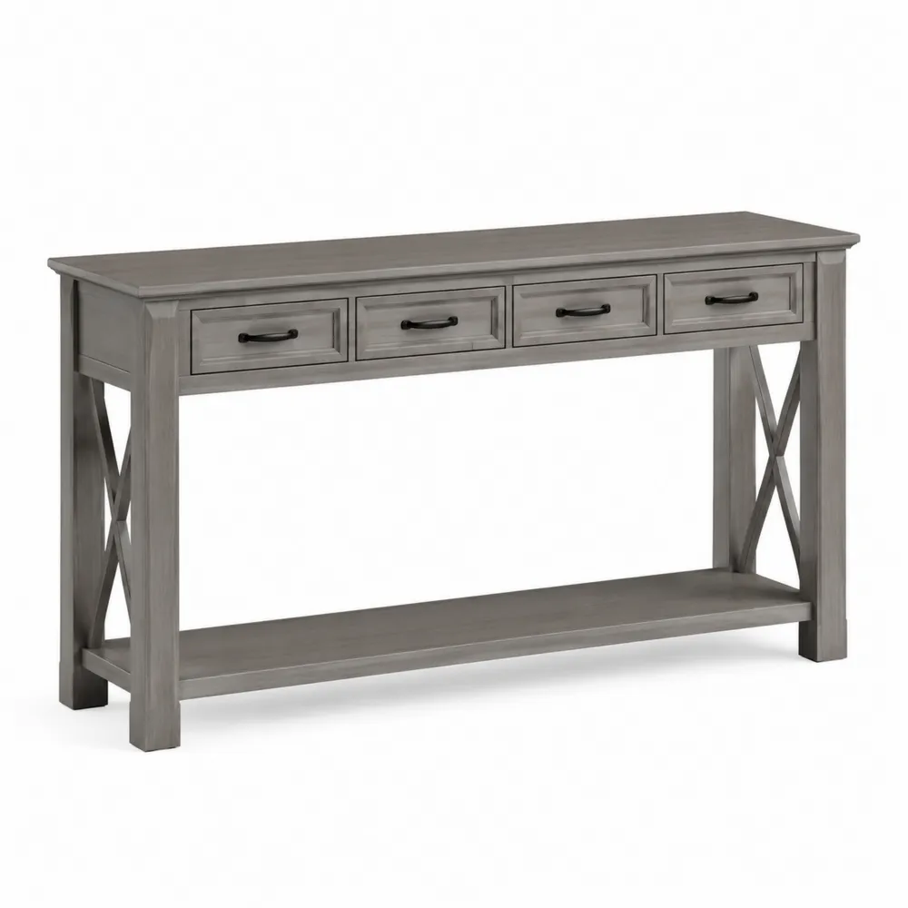 Consolle Rettangolare in Legno Grigio con Cassetti 120x30x80cm