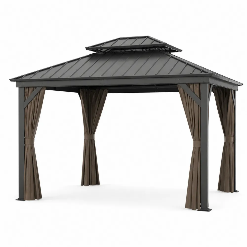 Gazebo da Giardino in Alluminio con Tetto in Acciaio e Tende in Poliestere