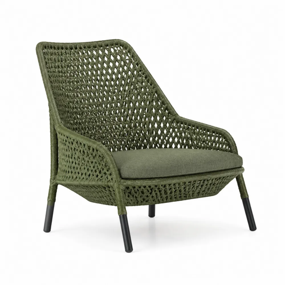 Poltrona in Rattan Sintetico Verde con Struttura in Metallo e Cuscino in Tessuto