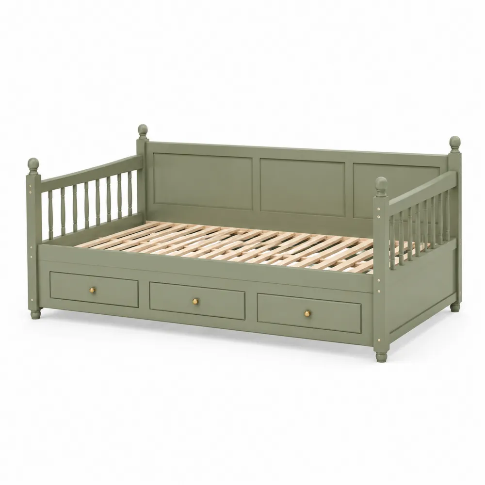 Letto Divano in Legno di Pino con Cassetti Verde 90x200 cm
