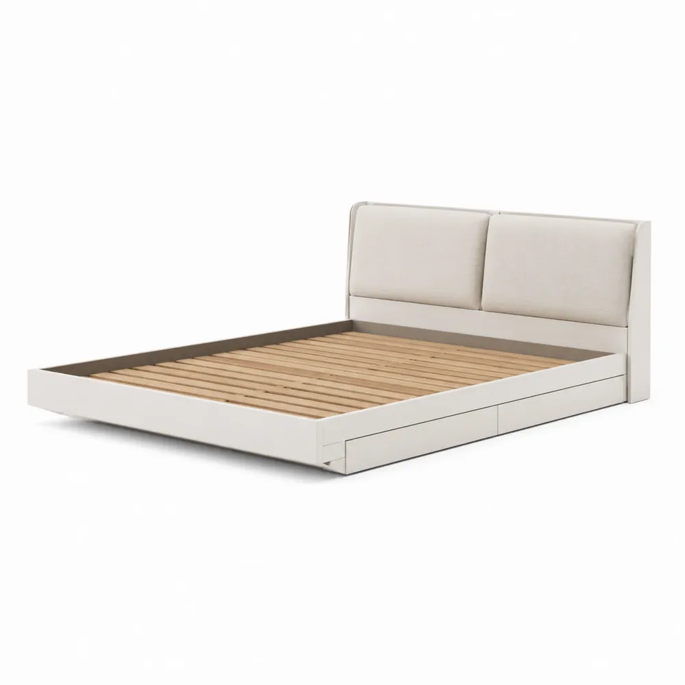Letto matrimoniale in legno con testiera imbottita in tessuto