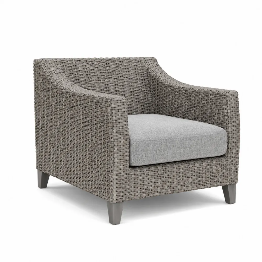 Poltrona da Esterno in Rattan Sintetico Grigio con Cuscino in Tessuto Poliestere