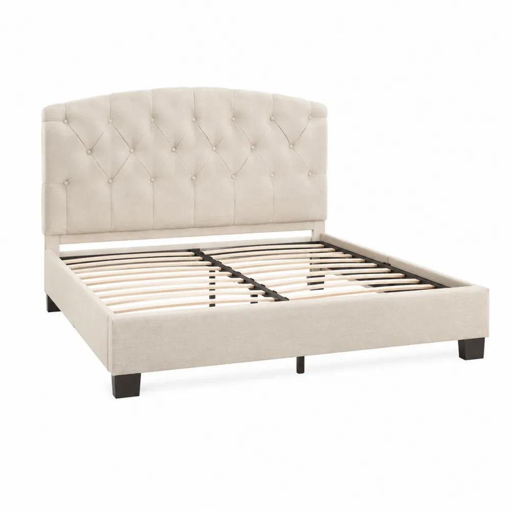 Letto matrimoniale in legno e tessuto beige con testiera