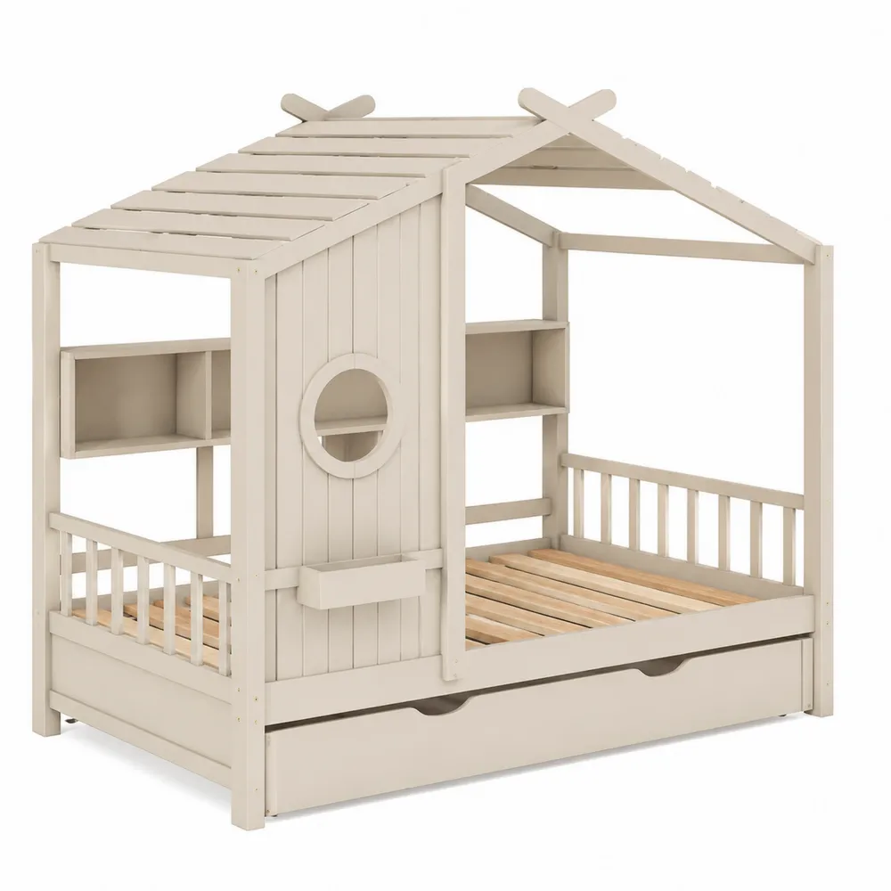 Letto per bambini a forma di casetta in legno Beige