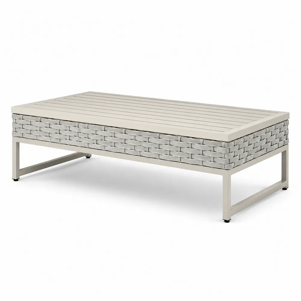 Tavolino da caffè rettangolare in metallo e polietilene intrecciato 130x70x35 cm