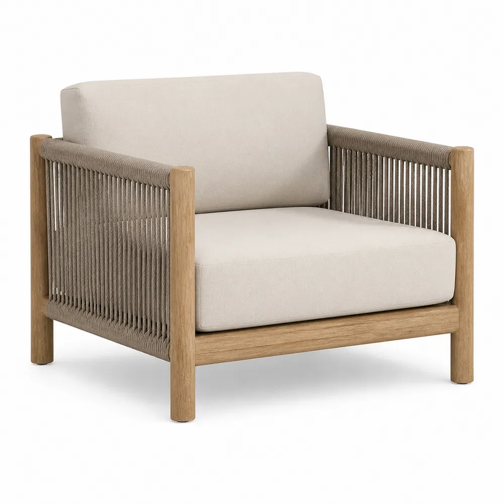 Poltrona in Legno e Corda con Cuscini in Poliestere Beige