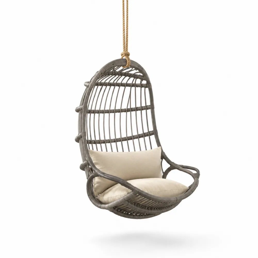 Sedia sospesa in rattan con cuscini in poliestere
